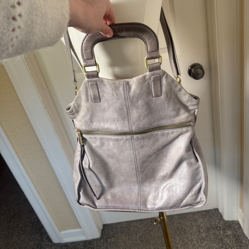 HOBO Leather Crossbody Bag Gray Foldover Slouch Shoulder Purse - Picture 4 of 12